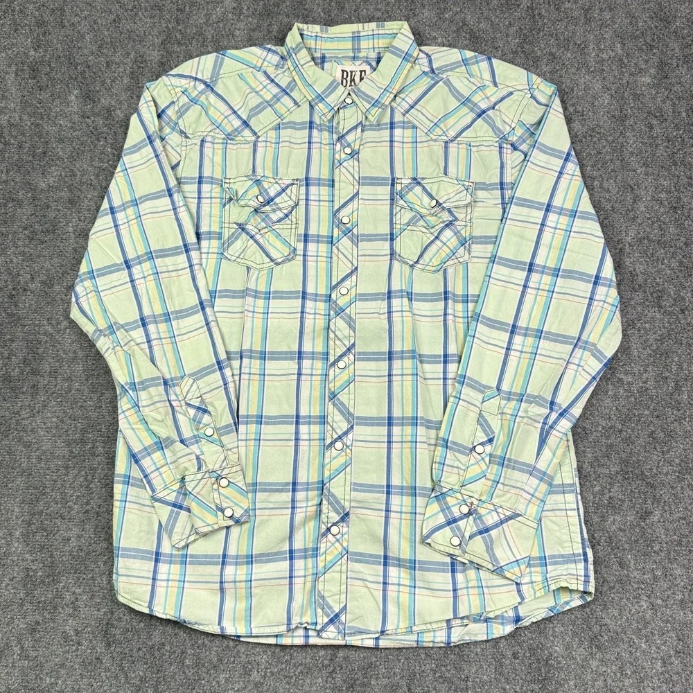 BKE Vintage Western Shirt Mens XL Athletic Fit Plaid Pearl Snap Cowboy Buckle